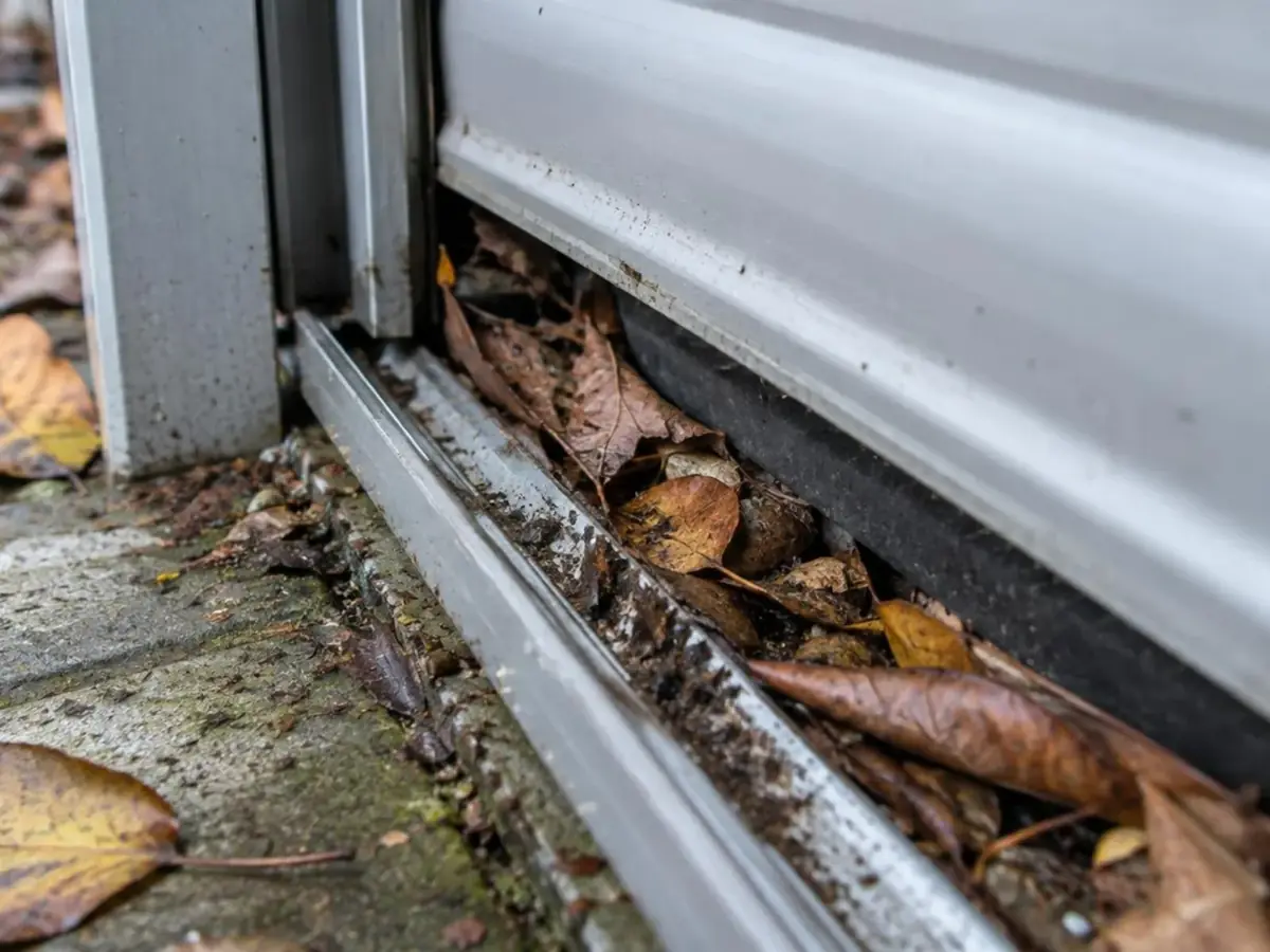 Gros plan sur une coulisse latérale en aluminium encrassée de feuilles mortes au bas d'une porte-fenêtre